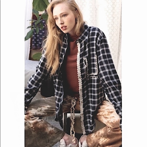 #3600 POL Comfy Navy Plaid Top With Crochet Lace - Picture 6 of 16